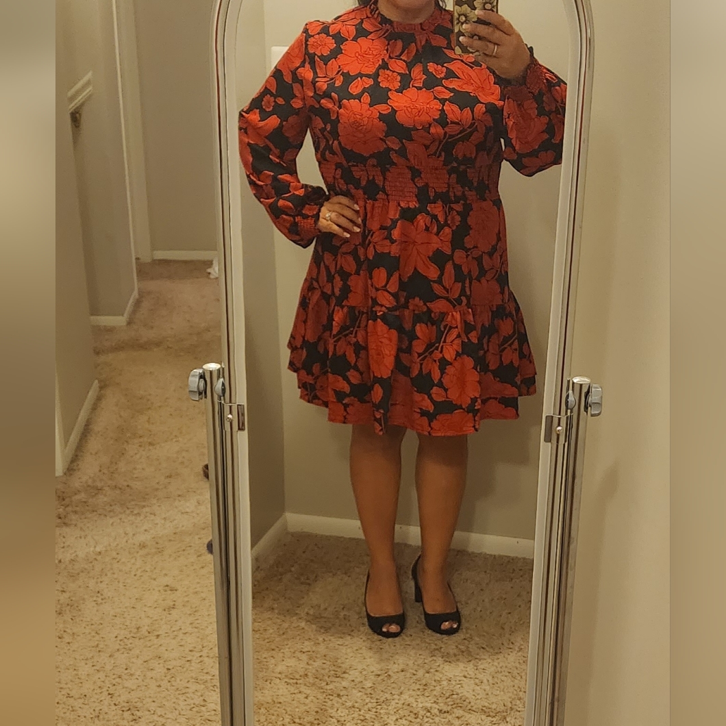 Shein Red And Black Floral Midi Dress